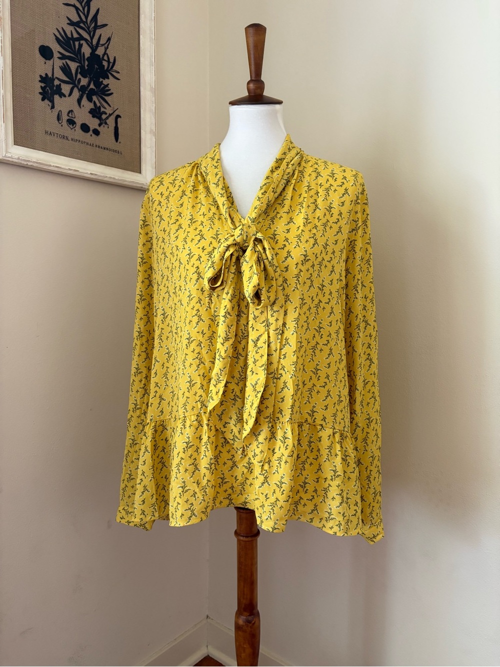 LOFT Yellow Floral Tie-Neck Peplum Blouse